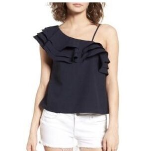 J.O.A. Navy Ruffled One Shoulder Top